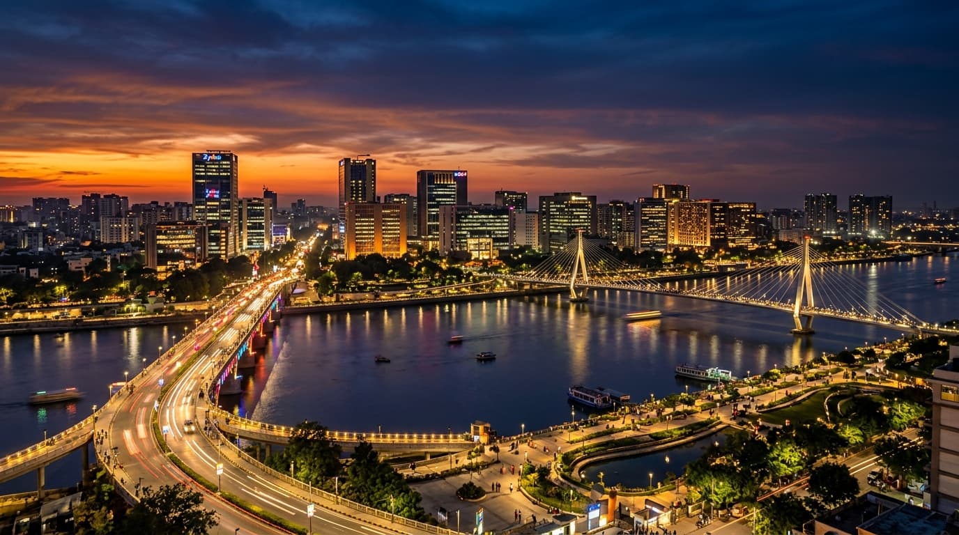 Ahmedabad riverfront cityscape backdrop for offline Artificial Intelligence classroom training