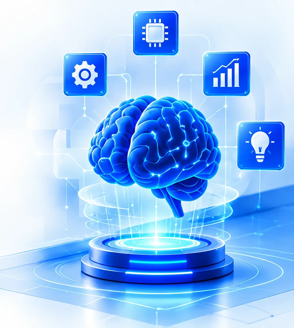 Blue neural network hub visualising deep learning architecture covered in the Artificial Intelligence course curriculum