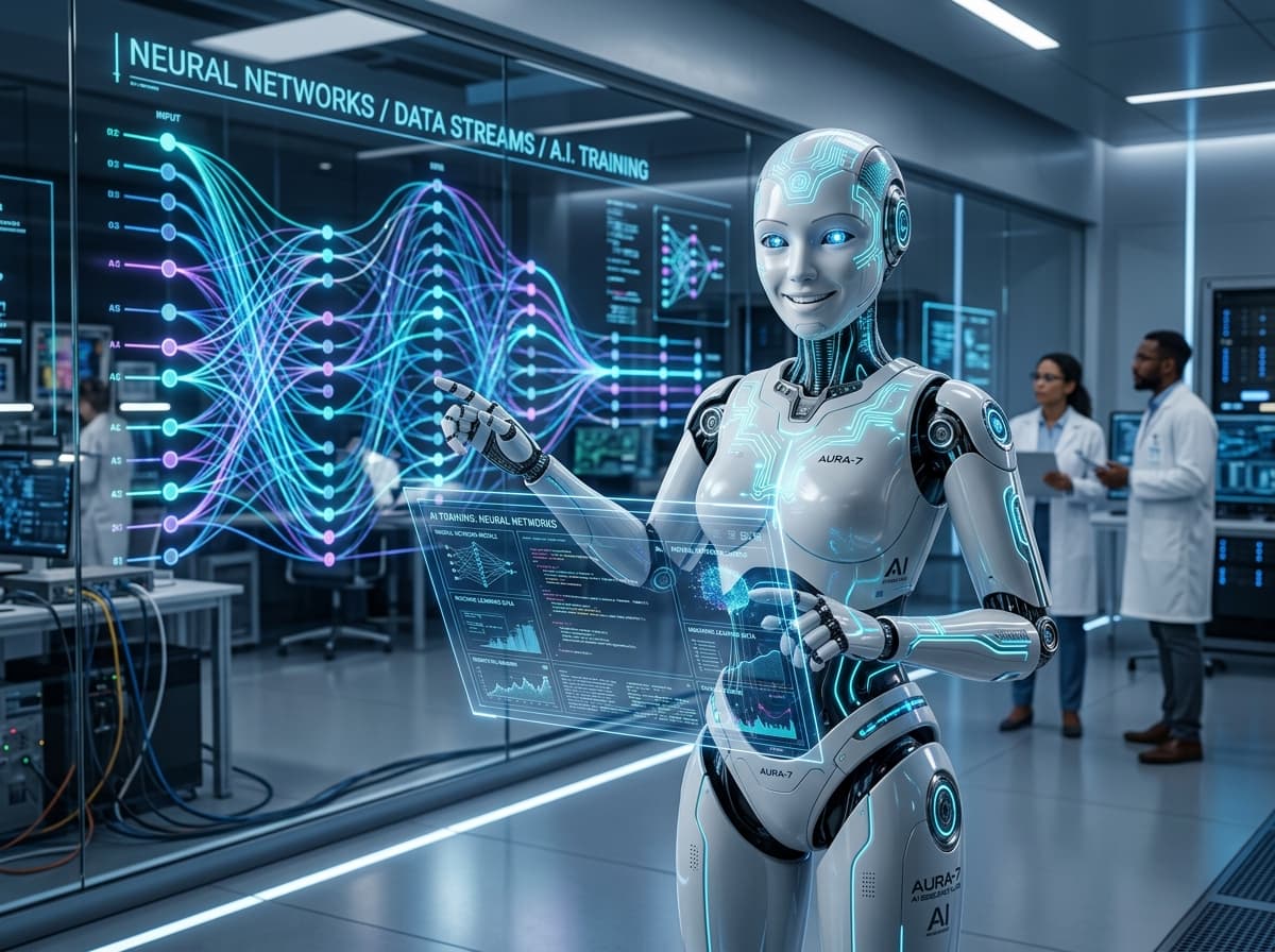 Friendly AI robot assistant hologram for Artificial Intelligence course training in Ahmedabad